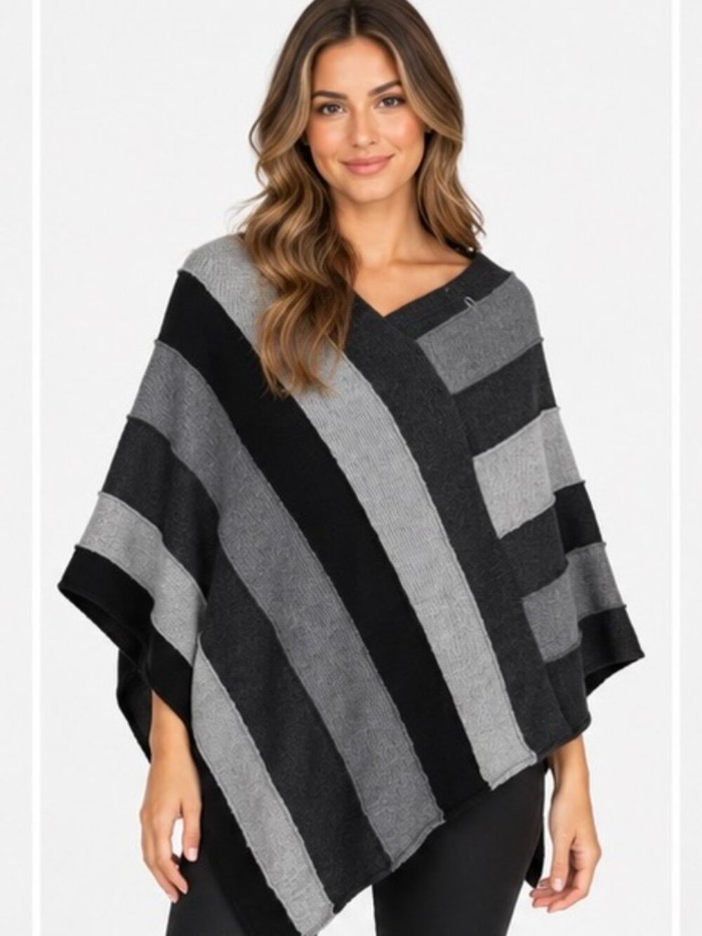Nine West Black Gray Striped Knit Poncho Wrap One Size